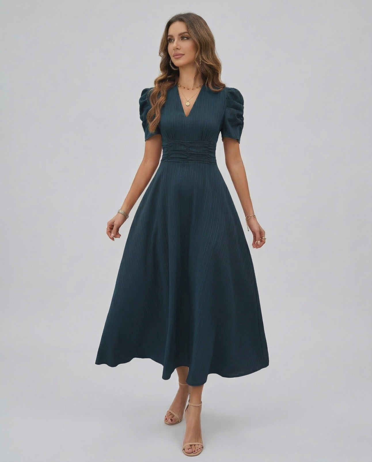Orion Midi Dress in dark teal, featuring V-neckline, puff sleeves, cinched waist for timeless elegance by Lauven.