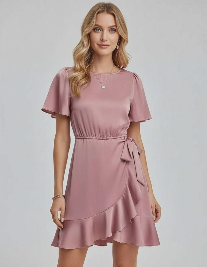 Lauven Marina Mini Dress featuring elegant ruffle detailing, tie waist, and smooth satin-like finish.
