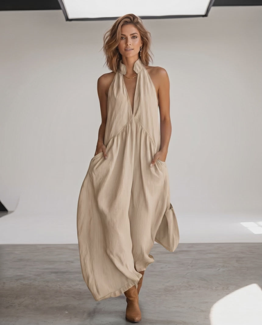 Aveline Maxi Dress by Lauven — lightweight sleeveless v neck halter loose maxi dress with pockets