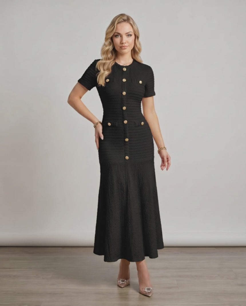 Aureline Maxi Dress by Lauven, featuring textured knit, round neck, and gently flared hem for a chic, refined look.