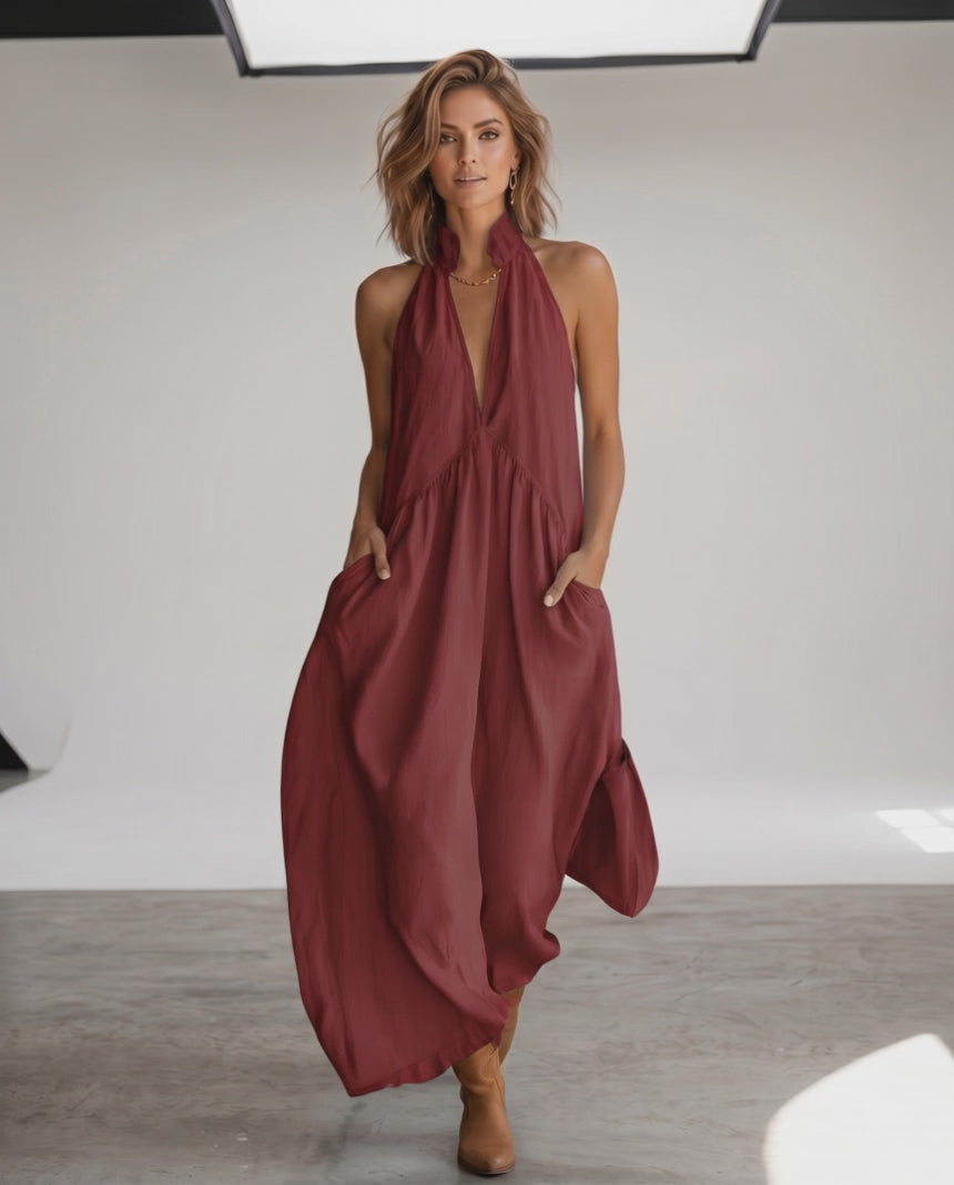 Aveline Maxi Dress by Lauven — lightweight sleeveless v neck halter loose maxi dress with pockets