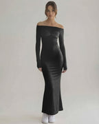 Celeste Maxi Dress - Elegant black sheath silhouette with off-shoulder design by Lauven, perfect for modern occasions.