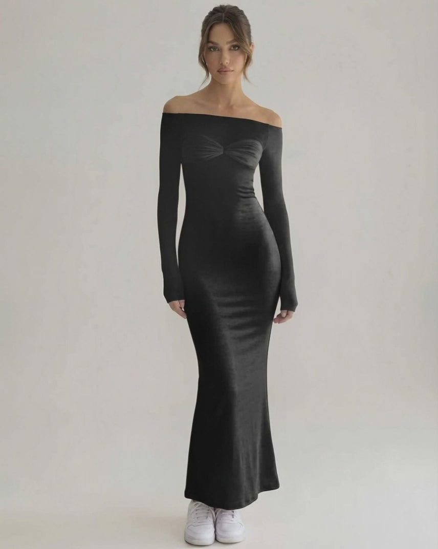 Celeste Maxi Dress - Elegant black sheath silhouette with off-shoulder design by Lauven, perfect for modern occasions.