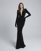 Nocturne Maxi Dress - Black velvet gown with deep V-neck and long sleeves by Lauven, embodying modern elegance and sophistication.