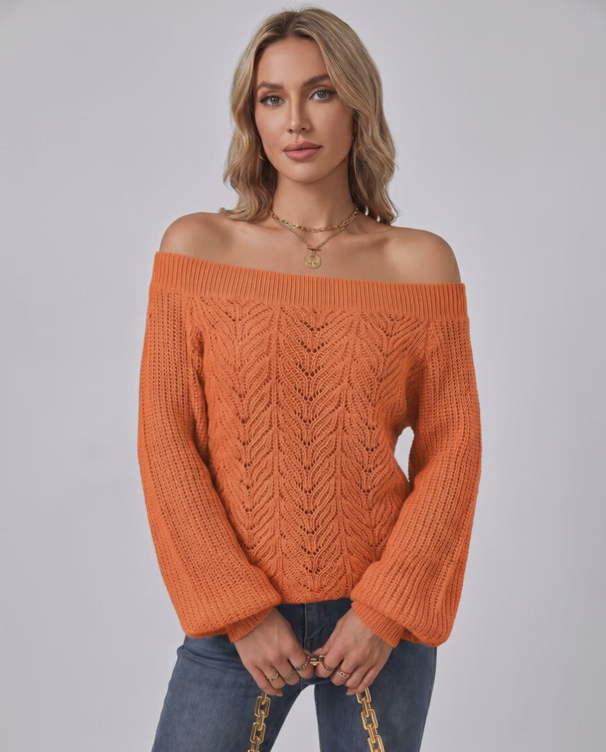 Veloura Sweater by Lauven — women’s off shoulder knit sweater with lantern sleeves and hollow knit texture