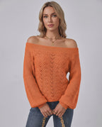 Veloura Sweater by Lauven — women’s off shoulder knit sweater with lantern sleeves and hollow knit texture