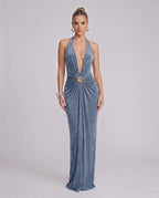 Aurelis Maxi Dress in blue, featuring a deep V-neck, gathered waist, and smooth drape by Lauven.