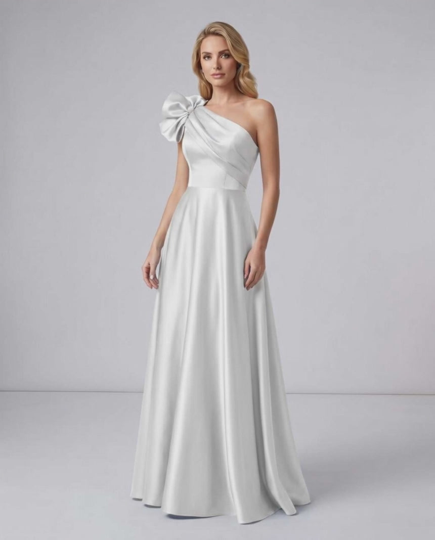 Aurevina Maxi Dress by Lauven — satin one shoulder A-line maxi dress with ruffle detail