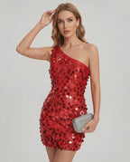 Sienna Mini Dress featuring a bold red hue, one shoulder design, and all-over sequins by Lauven for evening elegance.