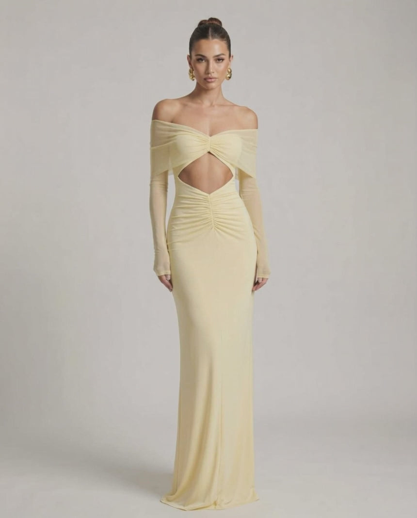Elara Maxi Dress in yellow with off-shoulder mesh sleeves, ruched detail, by Lauven, featuring a sleek and elegant silhouette.