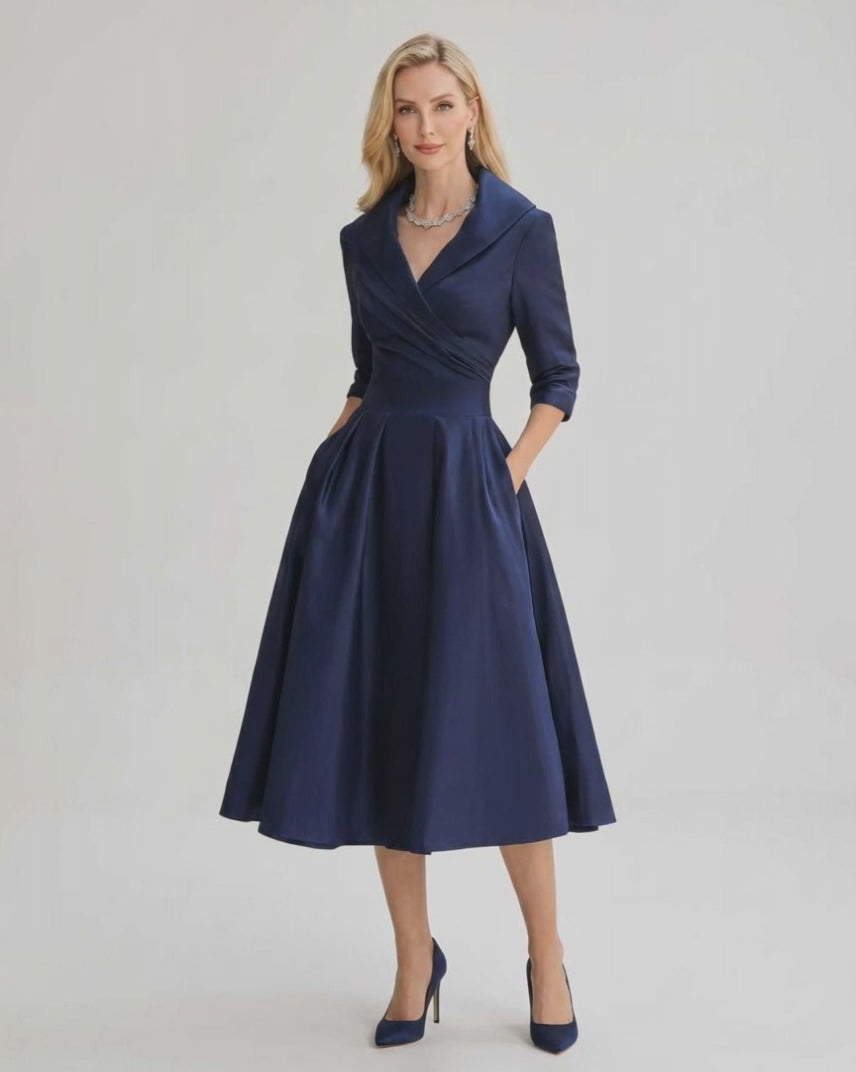 Serelune Midi Dress by Lauven — satin blend 3/4 sleeve V-neck A-line midi dress