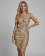 Aurora Mini Dress by Lauven - Gold sequin one-shoulder glamour with a bold front slit.