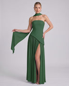 Aureline Maxi Dress by Lauven — chiffon strapless halter pleated maxi dress with slit