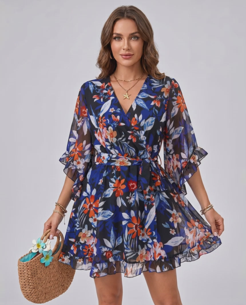 Florisse Mini Dress by Lauven — chiffon long flare sleeve V-neck A-line mini dress