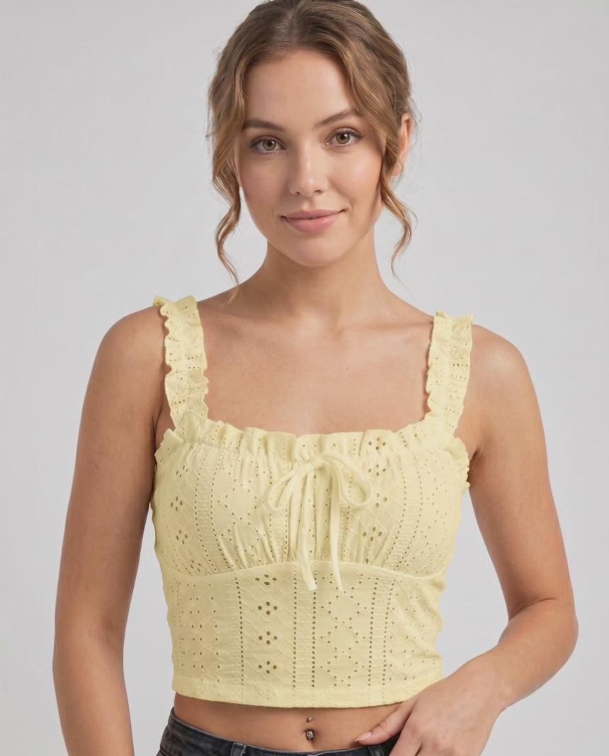 Elowen Top by Lauven — women’s eyelet embroidery crop top with ruffle straps and bow front sleeveless summer cami