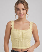 Elowen Top by Lauven — women’s eyelet embroidery crop top with ruffle straps and bow front sleeveless summer cami