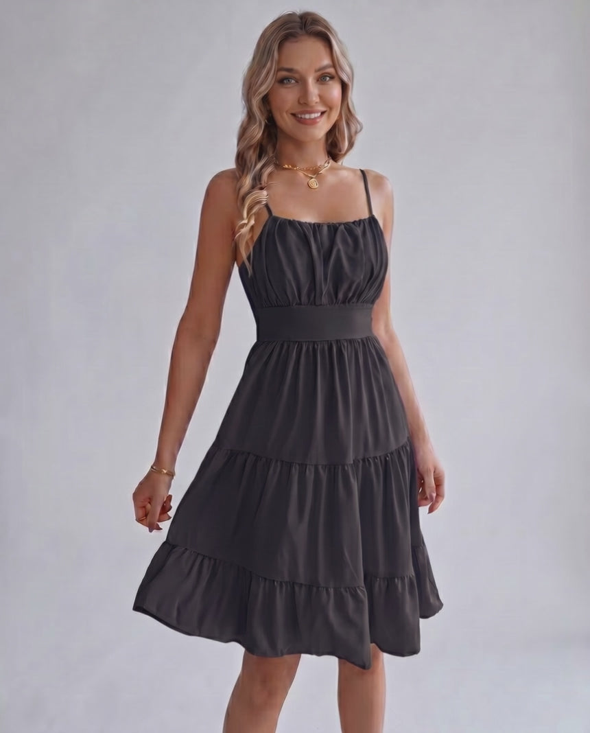 Lunara Midi Dress by Lauven — chiffon sleeveless square neck A-line midi dress