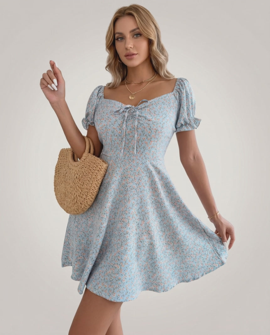 Florienne Mini Dress by Lauven — chiffon puff sleeve square neck A-line mini dress