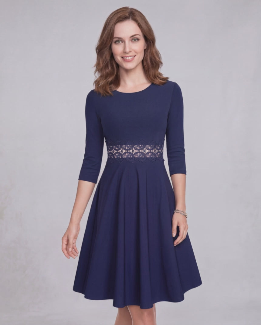 Valora Midi Dress – Elegant A-Line long sleeve dress with lace waist detail by Lauven, showcasing feminine sophistication.