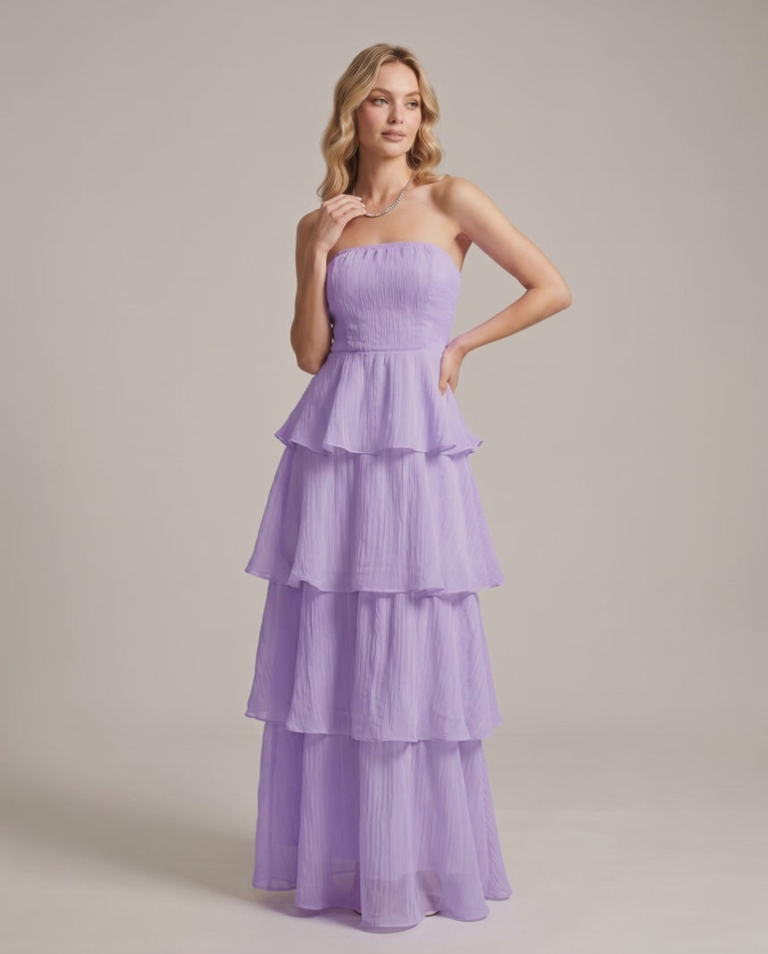 Serelune Maxi Dress by Lauven — chiffon strapless tiered A-line maxi dress