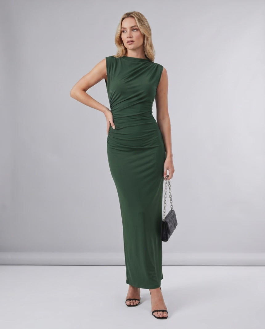 Aureli Maxi Dress by Lauven — stretch polyester sleeveless high neck fitted maxi dress
