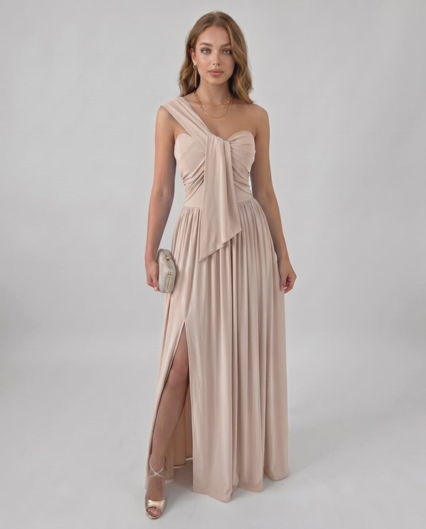 Serelune Maxi Dress by Lauven — stretch satin sleeveless one-shoulder A-line maxi dress