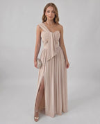 Serelune Maxi Dress by Lauven — stretch satin sleeveless one-shoulder A-line maxi dress