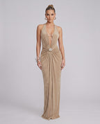 Aurelis Maxi Dress featuring a deep V-neck, gathered waist, and fluid polyester-spandex blend, by Lauven.