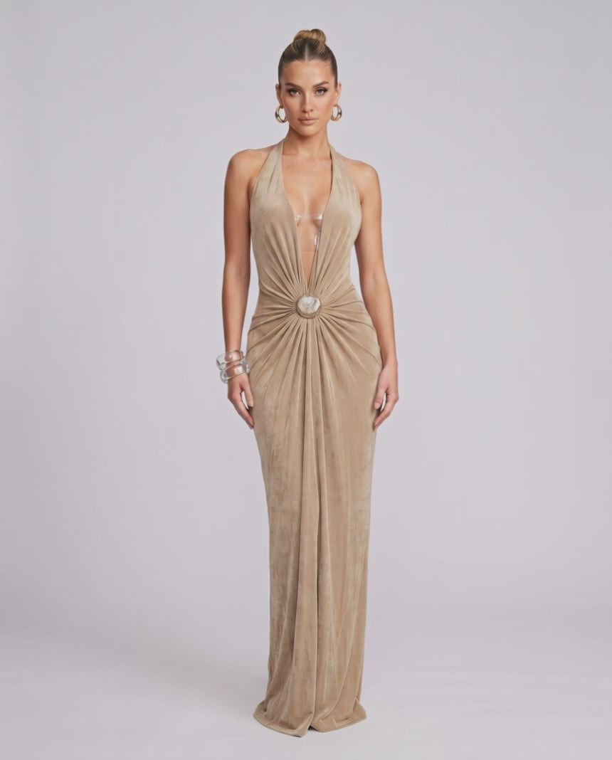 Aurelis Maxi Dress featuring a deep V-neck, gathered waist, and fluid polyester-spandex blend, by Lauven.