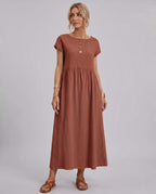 Solenne Midi Dress by Lauven — cotton linen short sleeve o-neck loose midi dress