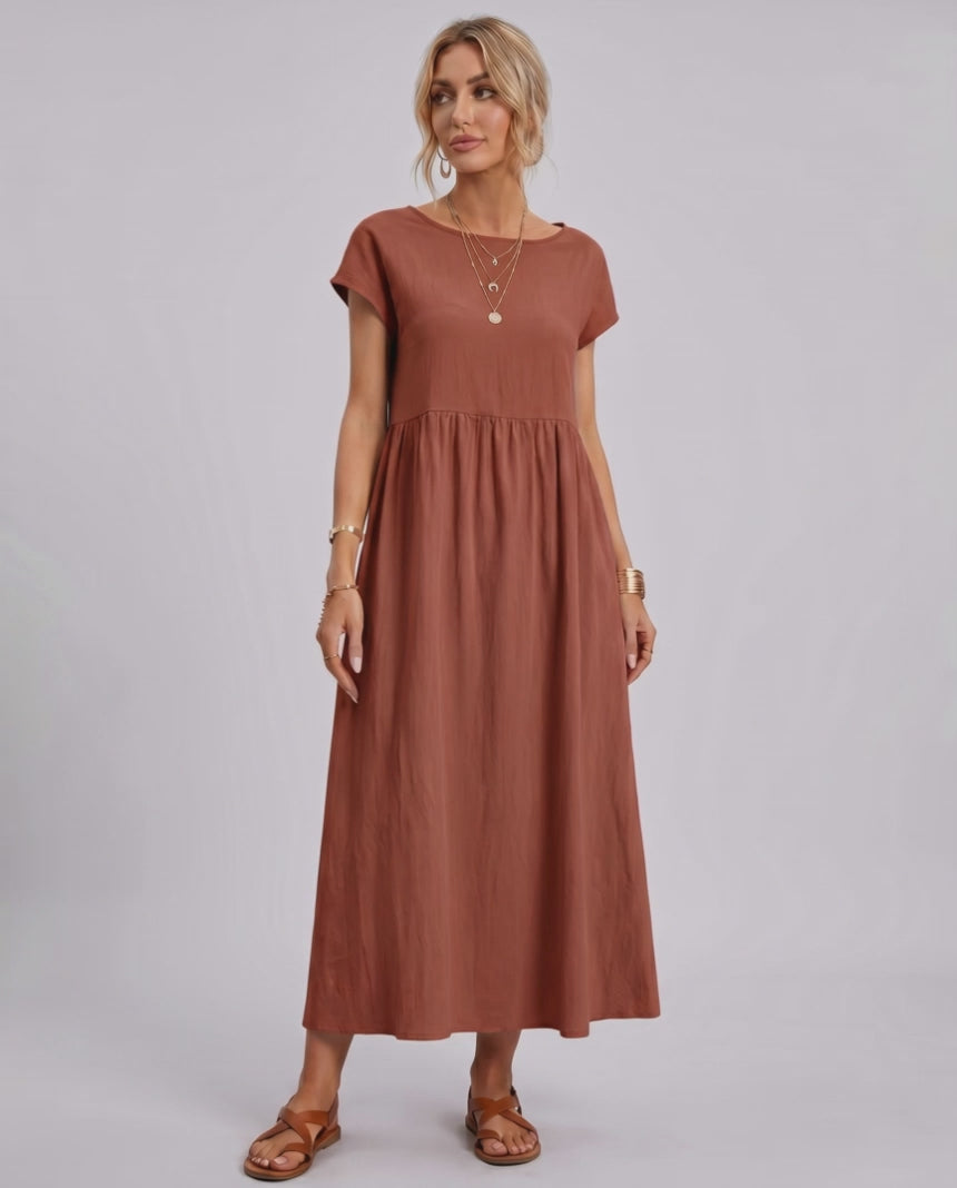 Solenne Midi Dress by Lauven — cotton linen short sleeve o-neck loose midi dress