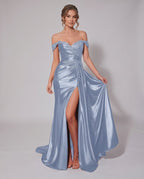 Veloura Maxi Dress by Lauven — satin off-shoulder sweetheart mermaid maxi dress