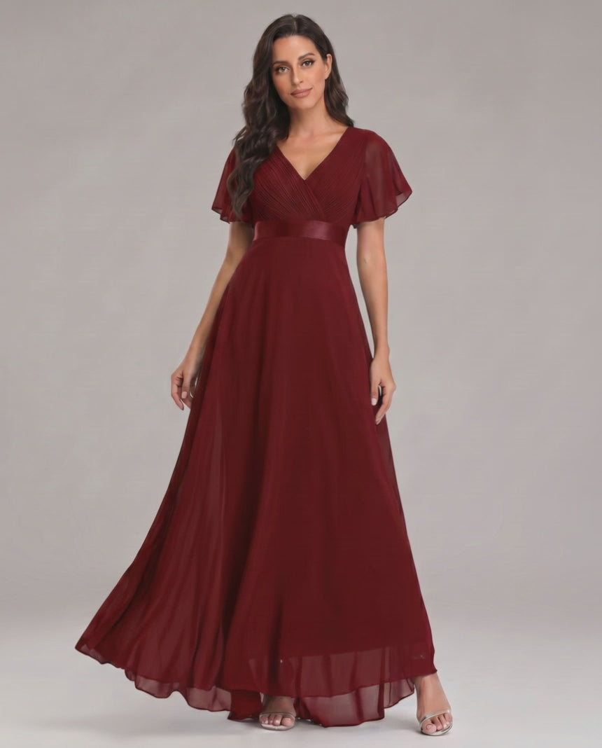 Veloura Maxi Dress by Lauven — chiffon flutter sleeve V-neck A-line maxi dress