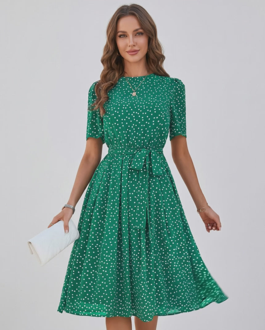 Veloura Midi Dress by Lauven — polka dot short sleeve o-neck A-line midi dress