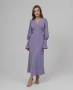 Elara Midi Dress in lavender, featuring long sleeves, A-line silhouette, and flattering V-neckline by Lauven.