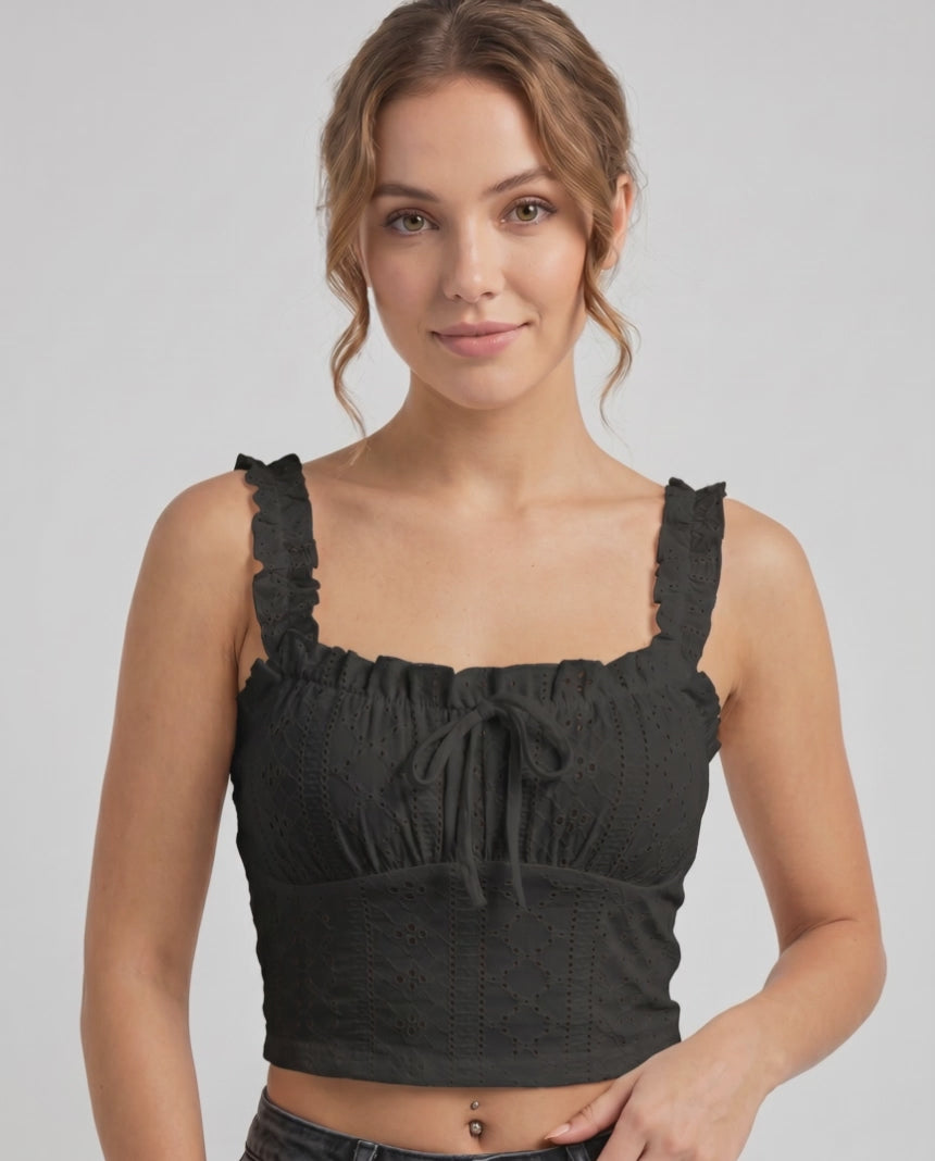 Elowen Top by Lauven — women’s eyelet embroidery crop top with ruffle straps and bow front sleeveless summer cami