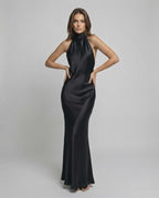 Noir Maxi Dress in satin finish, featuring halter neck design for a polished look by Lauven.