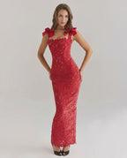 Velmira Maxi Dress - Red lace, square neck, high-waist silhouette, perfect for formal occasions, by Lauven.