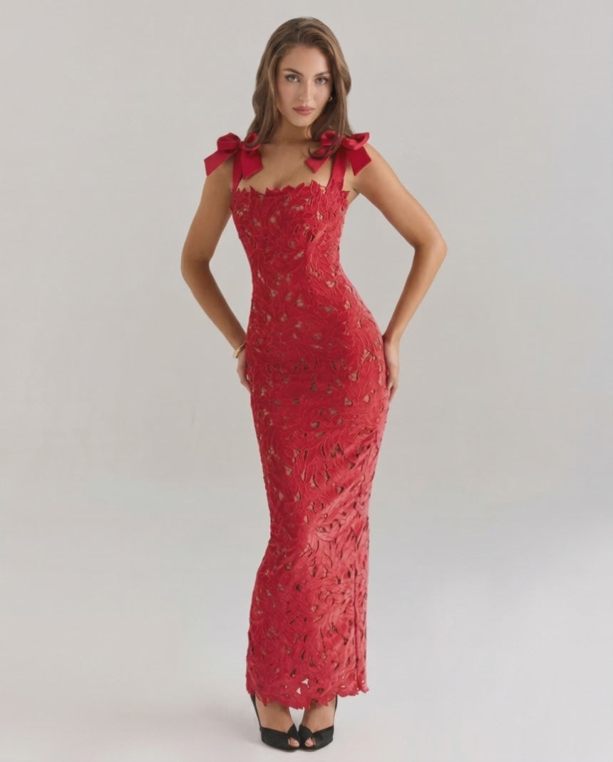 Velmira Maxi Dress - Red lace, square neck, high-waist silhouette, perfect for formal occasions, by Lauven.