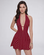 Veloura Mini Dress by Lauven — polyester sleeveless halter V-neck fit and flare mini dress