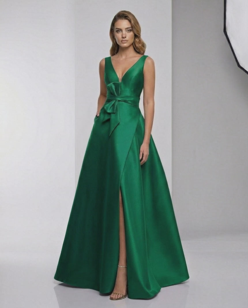 Verona Maxi Dress - Green satin A-line V-neck evening dress by Lauven with elegant design and luxurious finish.