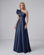 Aurevina Maxi Dress by Lauven — satin one shoulder A-line maxi dress with ruffle detail