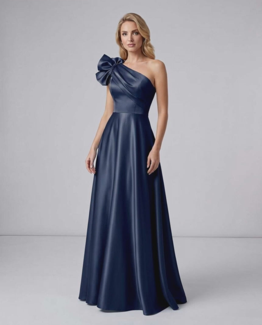 Aurevina Maxi Dress by Lauven — satin one shoulder A-line maxi dress with ruffle detail