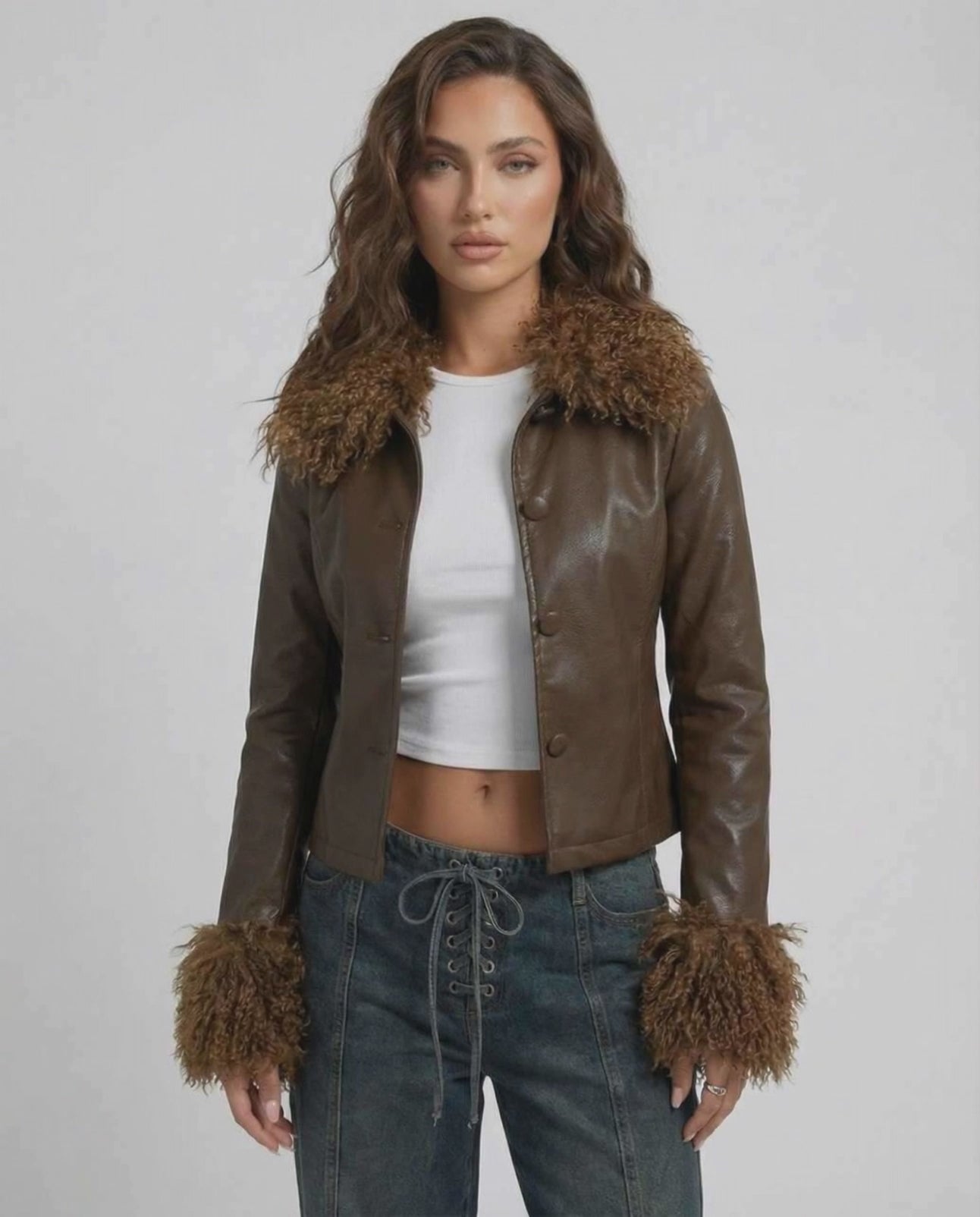 Sienna Jacket by Lauven – Women’s faux leather jacket with fur collar and slim fit silhouette.