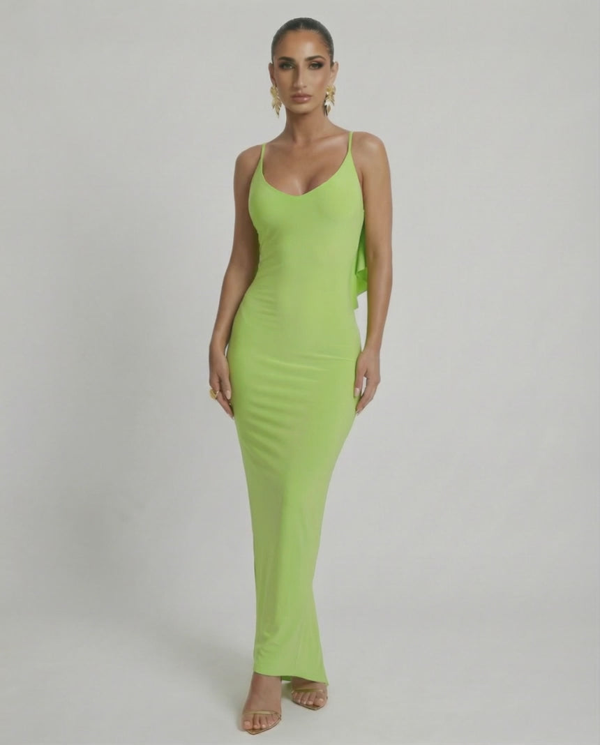 Lauven Luna Maxi Dress in sleek lime green featuring a sleeveless design and spaghetti straps for modern style.