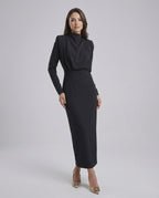 Celeste Midi Dress by Lauven, elegant black trumpet silhouette with stand neck, showcasing timeless style.