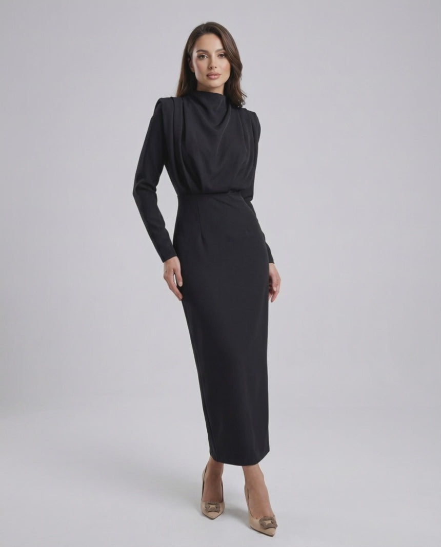 Celeste Midi Dress by Lauven, elegant black trumpet silhouette with stand neck, showcasing timeless style.