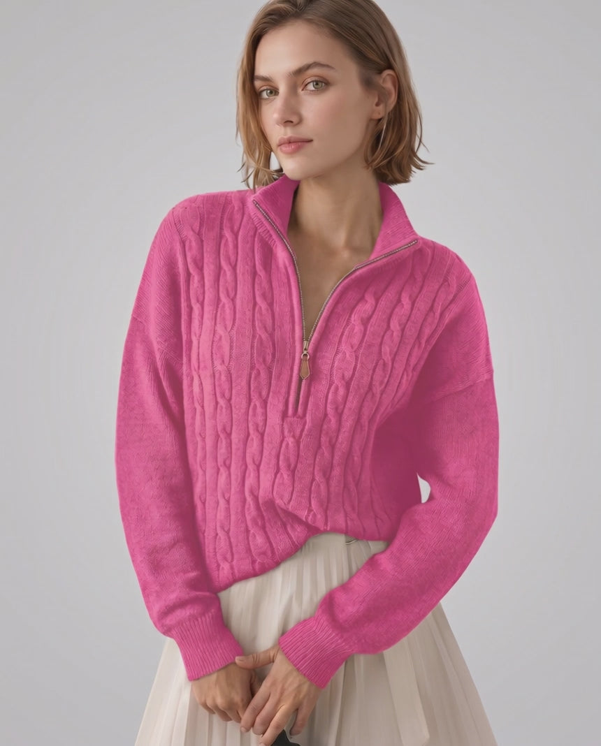 Veloura Sweater by Lauven — women’s cable knit half-zip sweater with ribbed texture and relaxed fit