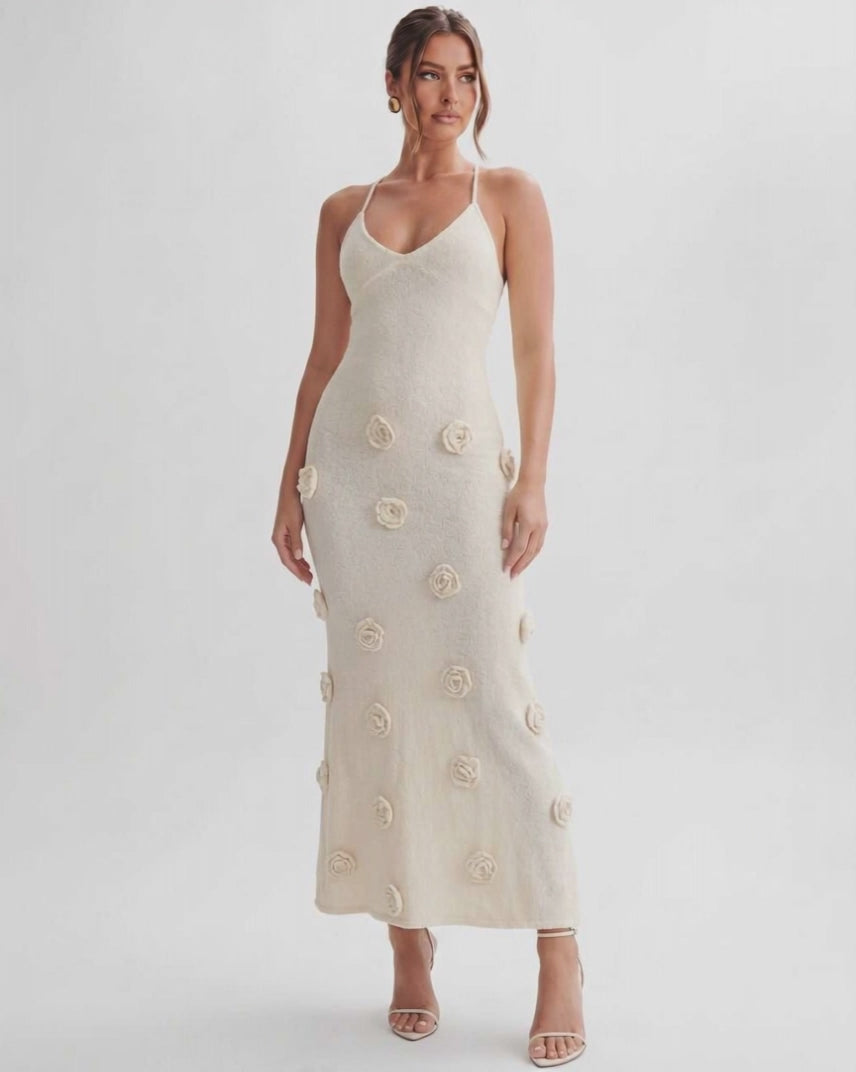 Rosette Maxi Dress by Lauven — textured polyester knit sleeveless V-neck floral maxi dress