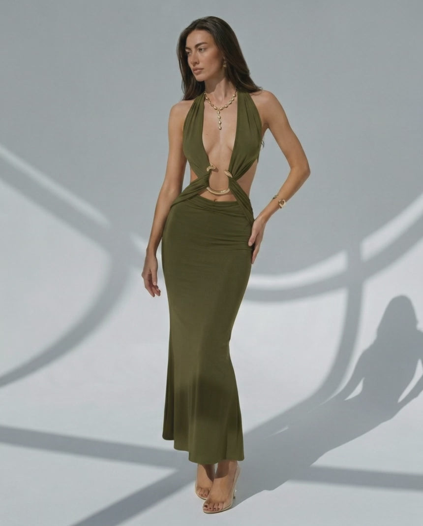Sage Maxi Dress in olive green with deep V-neck, metal ring details, and comfortable stretch by Lauven.